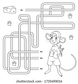 Labyrinth. Maze game for kids. Help cute cartoon mouse boy find path to the cheese. White and black vector illustration for coloring book.