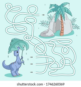 Labyrinth. Maze game for kids. Help cute cartoon dinosaur to hide from the rain. Find path to the cave. Vector illustration. Green and turquoise pastel colors.