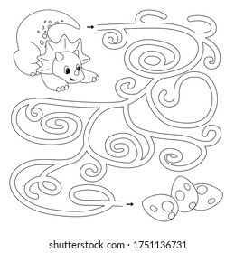 Labyrinth. Maze game for kids. Help cute cartoon dinosaur (triceratops) find path to the eggs. White and black vector illustration for coloring book.