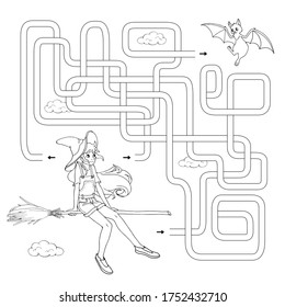 Labyrinth. Maze game for kids. Help cute cartoon witch find path to her pet (a bat). White and black vector illustration for coloring book.