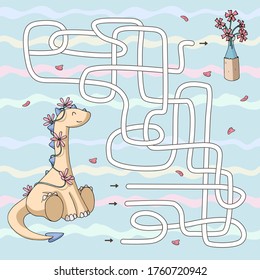 Labyrinth. Maze game for kids. Help cute cartoon dinosaur to find path to the flowers. Vector illustration. Pastel colors.