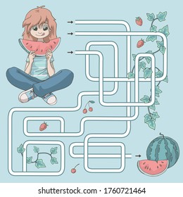 Labyrinth. Maze game for kids. Help cute cartoon girl to find path to the  watermellon. Vector illustration. Pink and turquoise pastel colors.