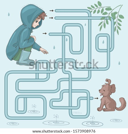 Labyrinth. Maze game for kids. Help cartoon boy find path to a cute puppy. Rescue homeless dog from the rain.  Kindness concept. Vector illustration.