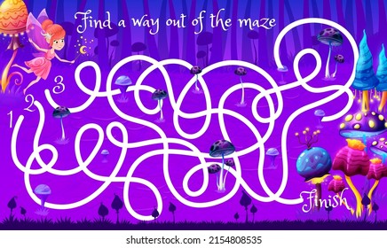 Labyrinth maze game with magic mushrooms forest. Find a way for fairy kids game vector worksheet, educational puzzle or children riddle with finding path activity with fairytale fungi and pixie