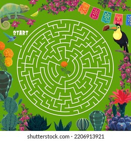 Labyrinth maze game. Mexican cactuses, toucan, chameleon, hummingbird and flowers. Riddle, vector puzzle or quiz with search way activity, finding path task and mexican flora plants and fauna animals