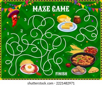 Labyrinth maze game mexican food. Kids vector quiz worksheet help jalapeno pepper character find way to grilled meat fajitas, bean soup, fried egg on corn and tamales food