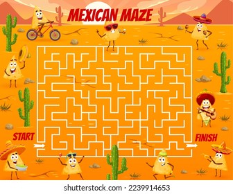 Labyrinth maze game. Mexican nacho chips characters. Kids puzzle vector worksheet, pathfinding riddle or find way quiz with cartoon nachos, sombrero hats, guitar and maracas on desert background