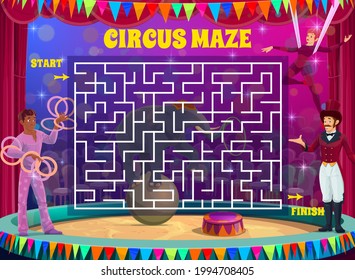 Labyrinth maze game on shapito circus vector background. Kids education square maze puzzle, logic riddle or test with find right way from start to finish task, circus acrobats and elephant on stage