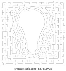 Labyrinth Maze Game and  with outline of blank bulb in the middle isolated on white background, idea concept