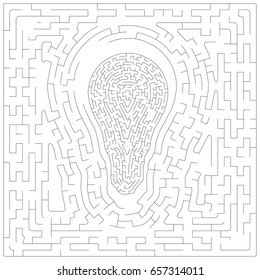 Labyrinth Maze Game and  with outline of  bulb in the middle isolated on white background, idea concept
