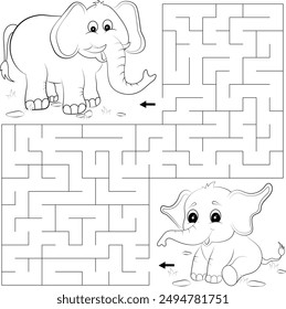 Labyrinth or maze game. Puzzle for kids. Help the elephant find his parent