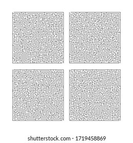 Labyrinth maze game set. Collection of four puzzles isolated on white background. Vector illustration.