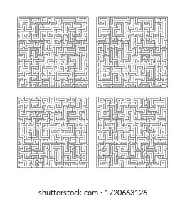 Labyrinth maze game set. Collection of four puzzles isolated on white background. Find the right way. Vector illustration.