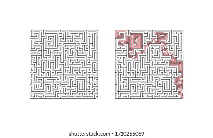 Labyrinth maze game. Single puzzle with solution. Complecated task. Find the right way. Vector illustration.