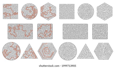 Labyrinth maze game, square, triangle, hexagon, round maze game. Vector logic game templates with tangled way and clue. How to find out quiz, finding exit path rebus, isolated riddle or challenge set
