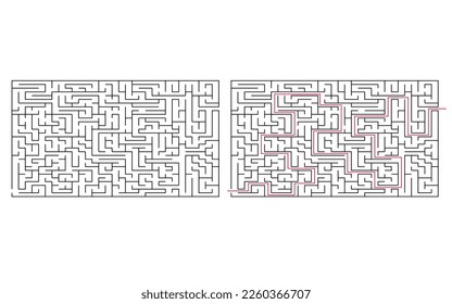 Labyrinth maze game vector illustration with solution. Find right way, simple logic game. Puzzle for kids.