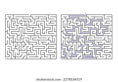 Labyrinth maze game vector illustration with solution. Find right way, simple logic game. Puzzle for kids.