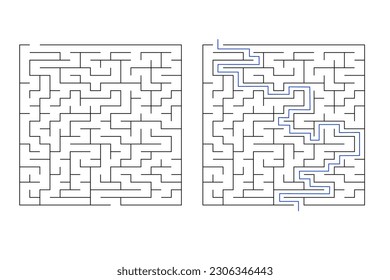 Labyrinth maze game vector illustration with solution. Find right way, simple logic game. Puzzle for kids.