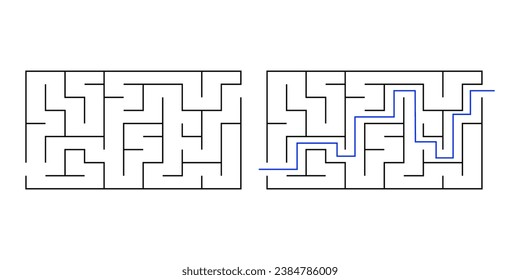 Labyrinth maze game vector illustration with solution. Find right way, simple logic game. Puzzle for kids.