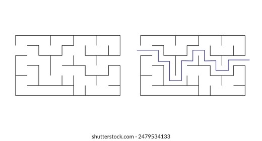 Labyrinth maze game vector illustration. Find right way, simple logic game. Puzzle for small kids 4-6 years old.