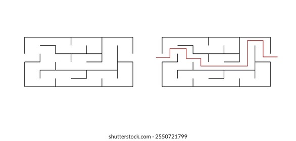 Labirinto labirinto jogo vetor ilustração com solução. Encontre o caminho certo, jogo de lógica simples. Quebra-cabeça para crianças.