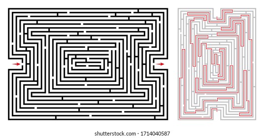 Labyrinth (maze) game vector, with solution. Labyrinth design with entry and exit arrows. 