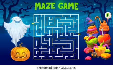 Labyrinth maze. Halloween pumpkin and ghost, sweets, cookie and cakes. Child labyrinth riddle, find way quiz vector worksheet with jelly candy, apple in chocolate, cupcake Halloween creepy dessert