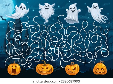 Labyrinth maze help to cartoon ghost find his pumpkin. Vector board game worksheet with cartoon funny spooks searching jack lanterns. Boardgame task with tangled path, start and finish, kids riddle