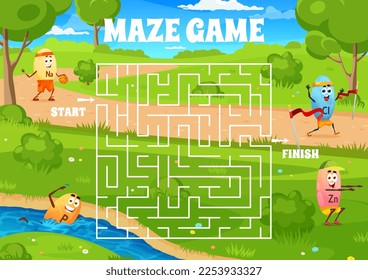 Labyrinth maze. Help to cartoon micronutrient sportsman character find a finish. Find way game worksheet, kids labyrinth vector quiz with swimming, running and squatting Na, P, Zn, Cl cute vitamins