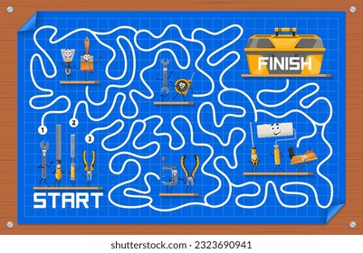 Labyrinth maze, help to cartoon repair and DIY work tool characters find toolbox, vector quiz game. Kids labyrinth maze puzzle worksheet to find way for screwdriver, chisel and wrench to toolbox