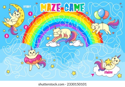 Labyrinth maze. Help cute caticorn cat to find friends, kids game quiz. Cartoon funny unicorn kitty characters vector puzzle worksheet with labyrinth on sky background, rainbows, balloons and stars svg