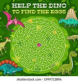 Labyrinth maze help dinosaur find the egg. Vector kids game with cartoon reptiles in jungle and round tangled path. Cute dino characters educational children riddle with funny prehistoric animals
