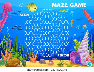 Labyrinth maze help to fish find a shell house. Kids vector board game worksheet with funny cartoon puffer fish searching right way on tangled path in underwater world. Educational children riddle