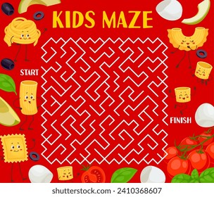 Labyrinth maze. Help to funny italian pasta characters find a friends puzzle quiz game. Pathfinding game vector worksheet, noodle food maze with ravioli, tagliatelle, creste, ditalini and cannelloni