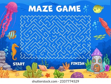 Labyrinth maze, help seahorse find house in sea landscape, vector puzzle game. Kids worksheet to find way for seahorse in undersea to ocean home dwelling in underwater labyrinth maze path