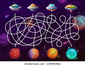 Labyrinth maze. Help to UFO find a space planet. Children labyrinth maze, find way playing activity vector worksheet, search path quiz with alien starships, flying sauces and space fantastic planets