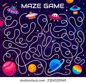 Labyrinth maze help to ufo find his space planet. Kids vector worksheet with alien saucers and tangled path in cosmos. Educational children board game riddle with cartoon extraterrestrial shuttles