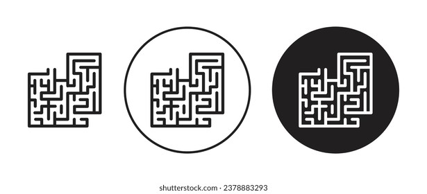 Labyrinth maze icon set. complex problem solve vector symbol in black filled and outlined style.