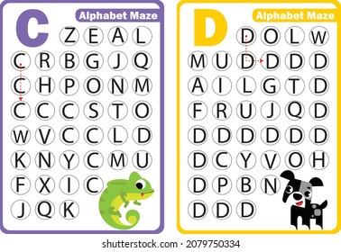 Labyrinth. Maze for kids. ABC maze. Labyrinth for children. Help the letter A find the way to the alligator. Help the letter B find the way to the bee. Vector illustration. 