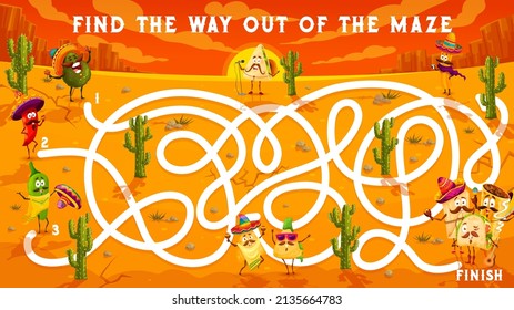 Labyrinth maze kids game, cartoon funny mexican food characters in desert. Vector boardgame with tangled path, cartoon mariachi tex mex snacks, start, finish and cacti. Educational riddle worksheet