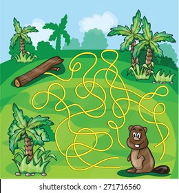 Labyrinth maze for kids - help the beaver find a way - game vector illustration