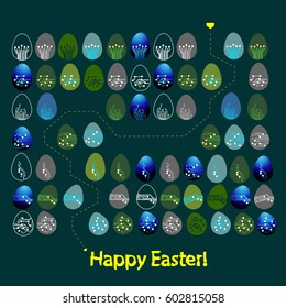 Labyrinth or maze made of Easter eggs in circuit board style. Happy Easter greeting card. Vector Illustration