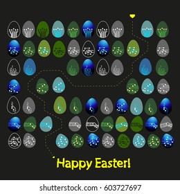 Labyrinth or maze made of Easter eggs in circuit board style. Happy Easter greeting card. Vector Illustration
