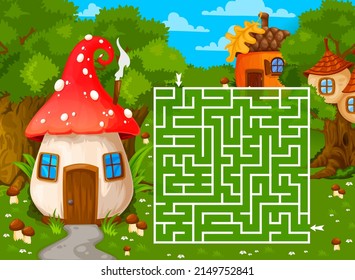 Labyrinth maze with magic forest and cartoon mushroom, nest or acorn house buildings. Vector board game with funny fairy, dwarf or elf dwellings on green summer woodland field. Kids boardgame riddle