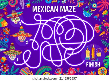 Labyrinth maze with mexican flowers, calavera sugar skulls and candles. Vector kids game worksheet, find right way puzzle or quiz, Dia de los Muertos skeletons, sombrero hats and ofrenda candles