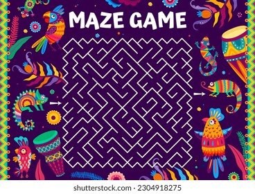 Labyrinth maze, Mexican lizards, chameleons and parrots, vector game worksheet. Colorful tropical birds, gecko and chameleons with flowers and Brazilian drums on kids labyrinth escape or puzzle quiz