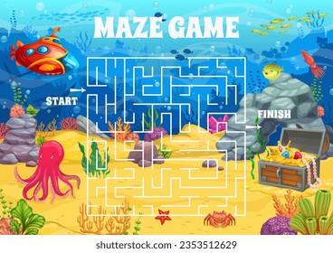 Labyrinth maze on sea bottom landscape, help to explorers find treasure chest, vector quiz game. Kids game worksheet to find way for bathyscaphe submarine in sea underwater or ocean labyrinth maze