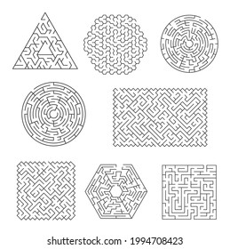 Labyrinth maze riddle, finding path and exit searching logical game. Triangular, circle and square, pentagon, rectangular shape maze, puzzle or activity vector template with line various patterns