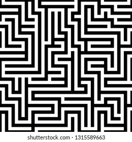 Labyrinth (maze) seamless pattern. Find the way. Black and white vector illustration.