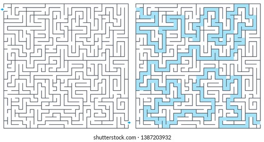 Labyrinth, maze with solution vector illustration. Square maze. High quality vector.